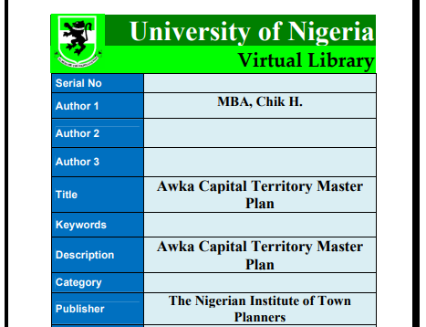 Awka Capital Territory Master Plan, 1993